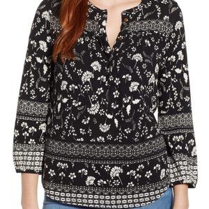 Lucky Brand Floral Print Henley Top In Black Multi Border Print Size Medium